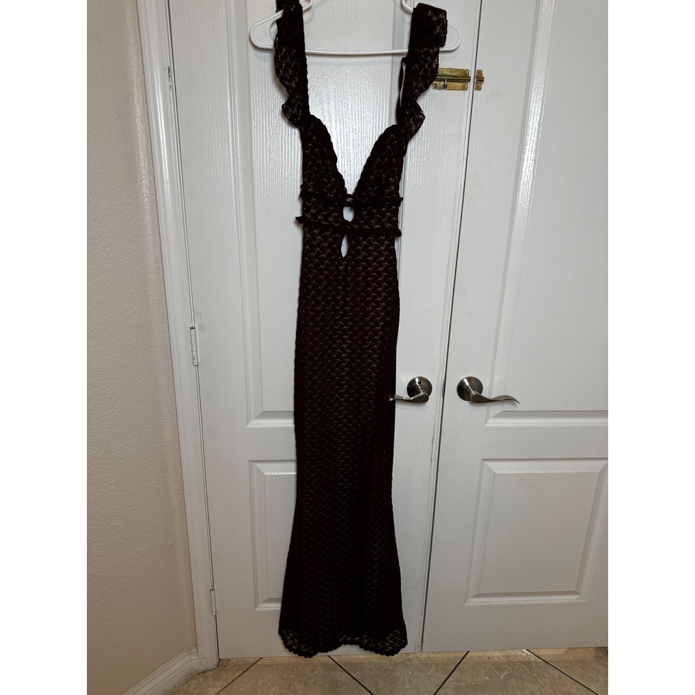 MESHKI Ezra Lace Maxi Dress XXS Open Back Ruffle Sleeve Mermaid Gown Wine - Picture 3 of 8